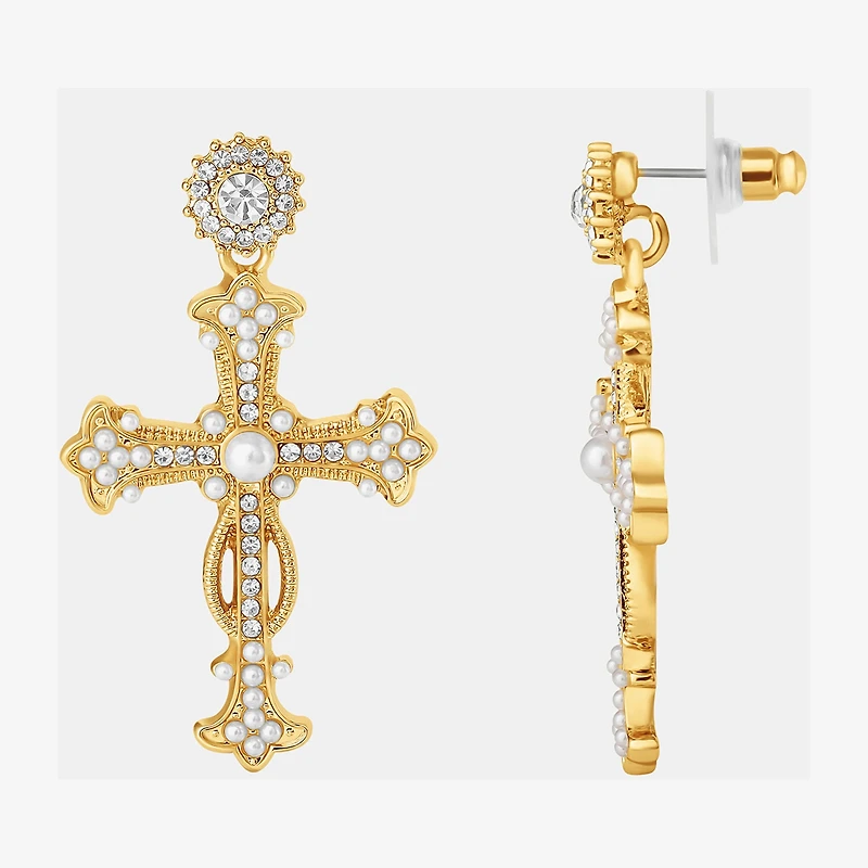 JS Jessica Simpson Gold Tone Womens Glass Simulated Pearl Cross Drop Earrings