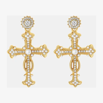 JS Jessica Simpson Gold Tone Womens Glass Simulated Pearl Cross Drop Earrings