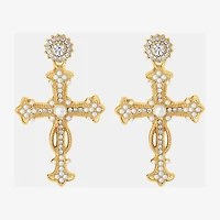 JS Jessica Simpson Gold Tone Womens Glass Simulated Pearl Cross Drop Earrings