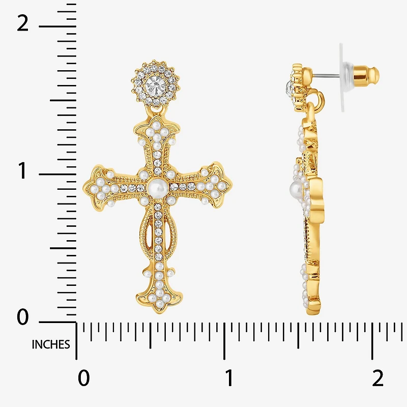 JS Jessica Simpson Gold Tone Womens Glass Simulated Pearl Cross Drop Earrings