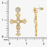 JS Jessica Simpson Gold Tone Womens Glass Simulated Pearl Cross Drop Earrings