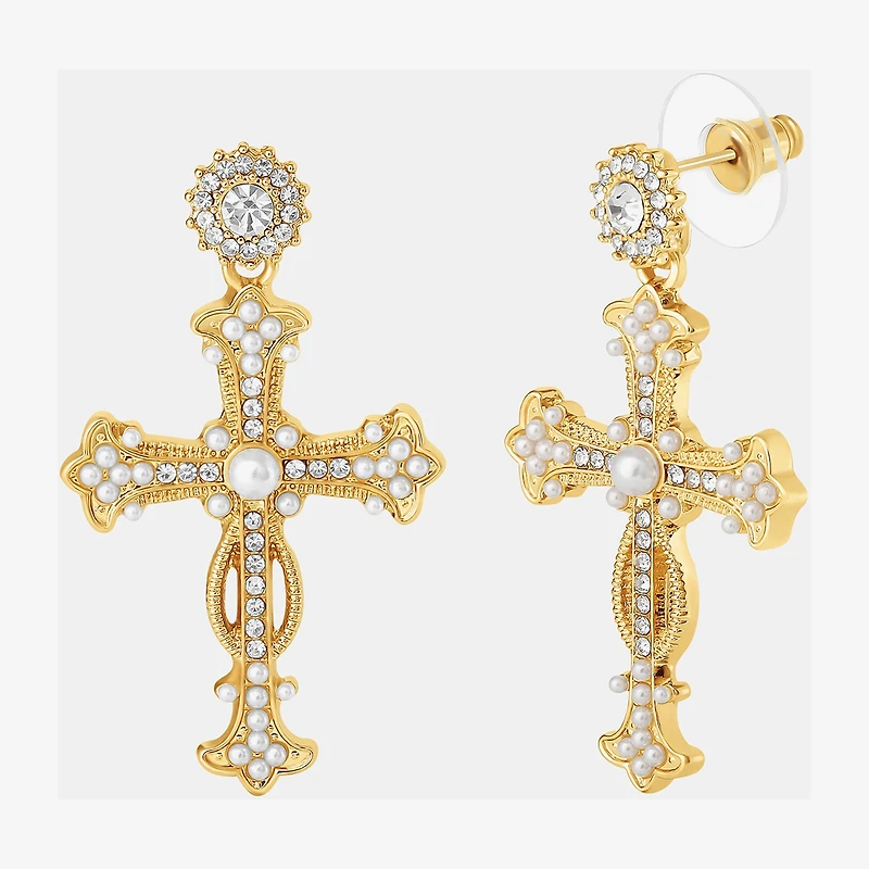 JS Jessica Simpson Gold Tone Womens Glass Simulated Pearl Cross Drop Earrings