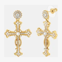 JS Jessica Simpson Gold Tone Womens Glass Simulated Pearl Cross Drop Earrings