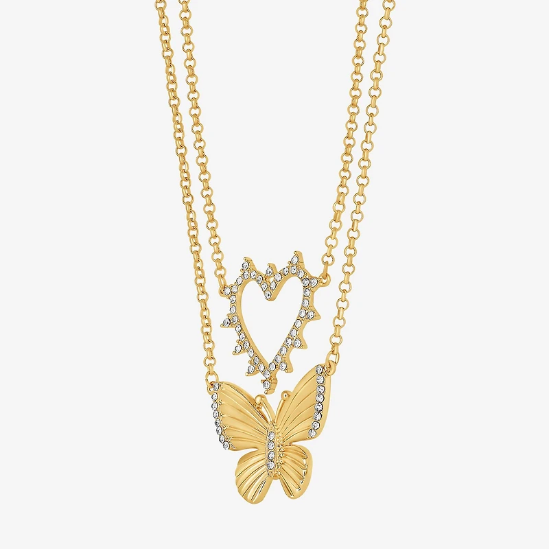 JS Jessica Simpson Gold Tone Womens Glass Butterfly Heart 2-pc. Necklace Set
