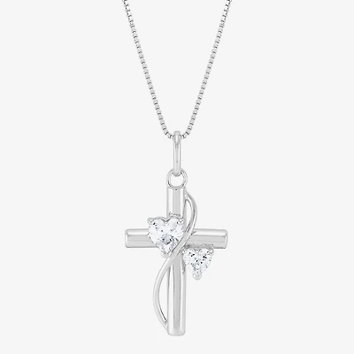 Womens White Cubic Zirconia Sterling Silver Cross Heart 18 Inch Pendant Necklace