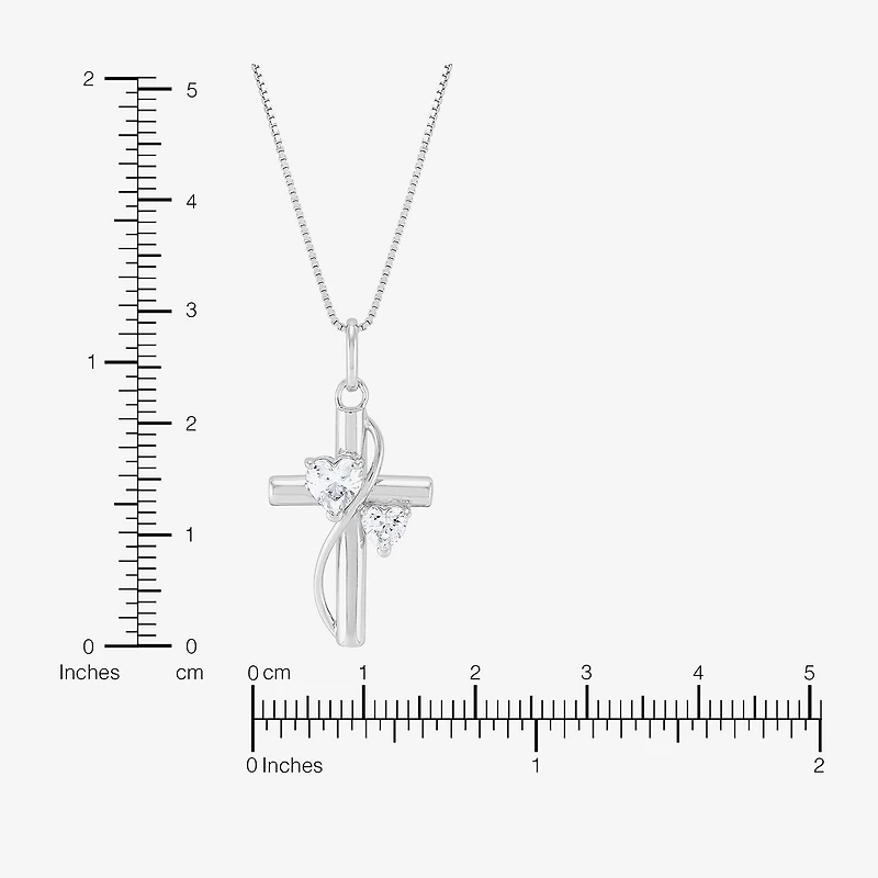 Womens White Cubic Zirconia Sterling Silver Cross Heart 18 Inch Pendant Necklace