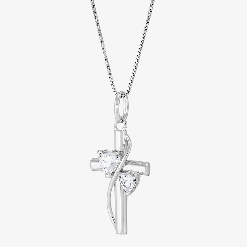 Womens White Cubic Zirconia Sterling Silver Cross Heart 18 Inch Pendant Necklace