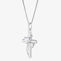 Womens White Cubic Zirconia Sterling Silver Cross Heart 18 Inch Pendant Necklace