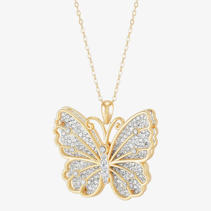 Womens White Crystal 14K Gold Over Silver Butterfly 18 Inch Pendant Necklace