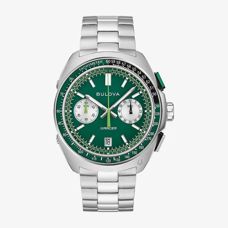 Bulova Racing Mens Chronograph Silver Tone Stainless Steel Bracelet Watch 98b468