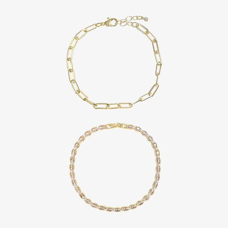 Sparkle Allure Tennis & Chain Womens 2-pc. Cubic Zirconia 14K Gold Over Brass Bracelet Set