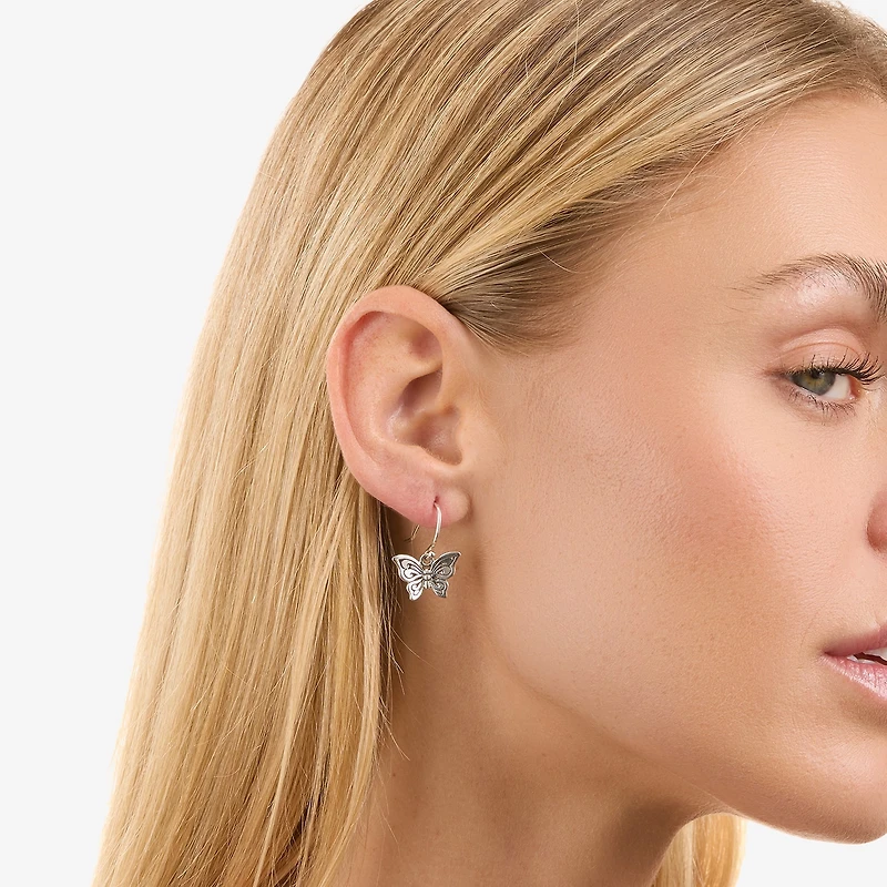 Butterfly Womens Sterling Silver Butterfly Drop Earrings