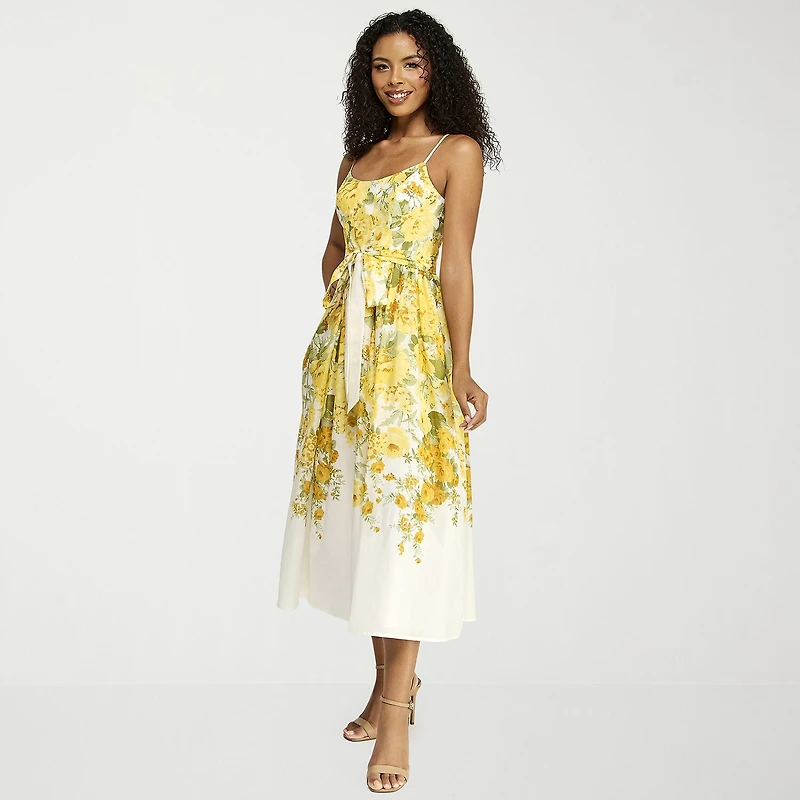 Premier Amour Womens Midi Scoop Neck Sleeveless Floral Fit + Flare Dress