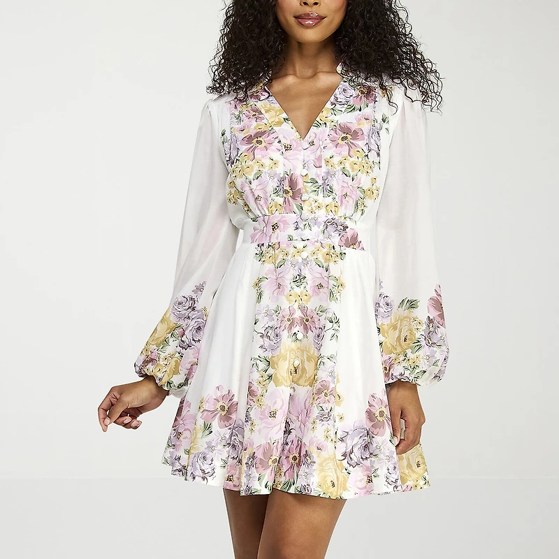 Premier Amour Womens V Neck Long Sleeve Puffed Floral Fit + Flare Dress