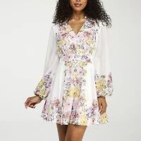 Premier Amour Womens V Neck Long Sleeve Puffed Floral Fit + Flare Dress
