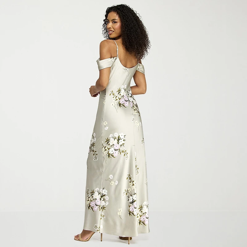 Premier Amour Womens Short Sleeve Cold-Shoulder Floral Fitted Gown