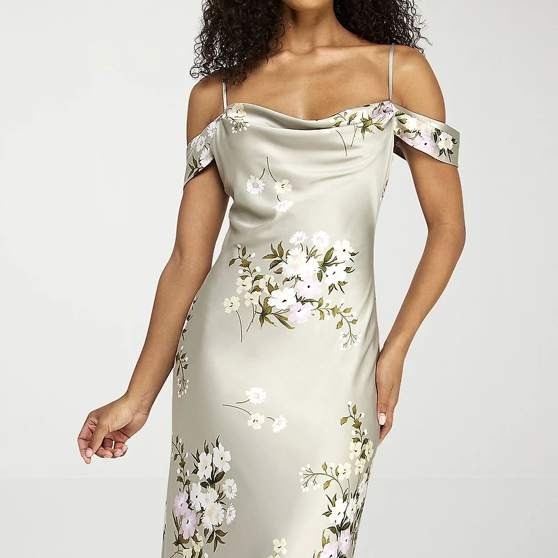 Premier Amour Womens Short Sleeve Cold-Shoulder Floral Fitted Gown