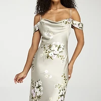 Premier Amour Womens Short Sleeve Cold-Shoulder Floral Fitted Gown