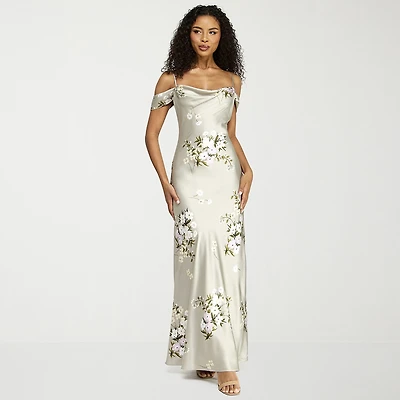 Premier Amour Womens Short Sleeve Cold-Shoulder Floral Fitted Gown