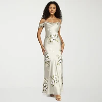 Premier Amour Womens Short Sleeve Cold-Shoulder Floral Fitted Gown