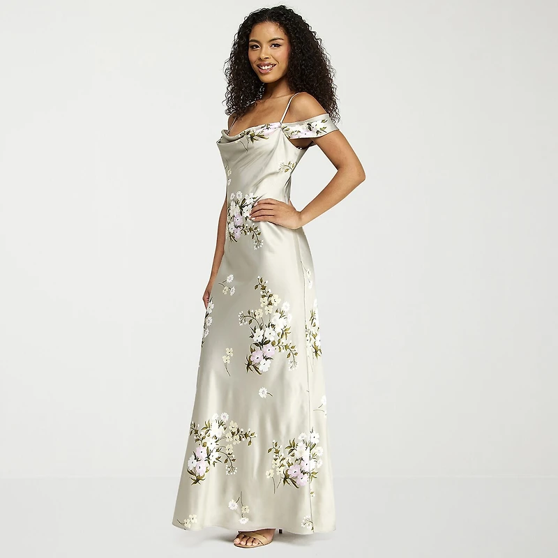 Premier Amour Womens Short Sleeve Cold-Shoulder Floral Fitted Gown