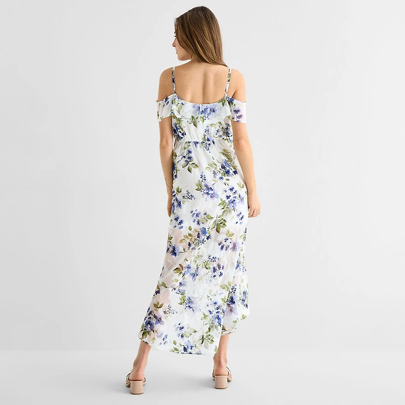 by&by Womens Juniors High-Low Sleeveless Off the Shoulder Floral Fit + Flare Dress