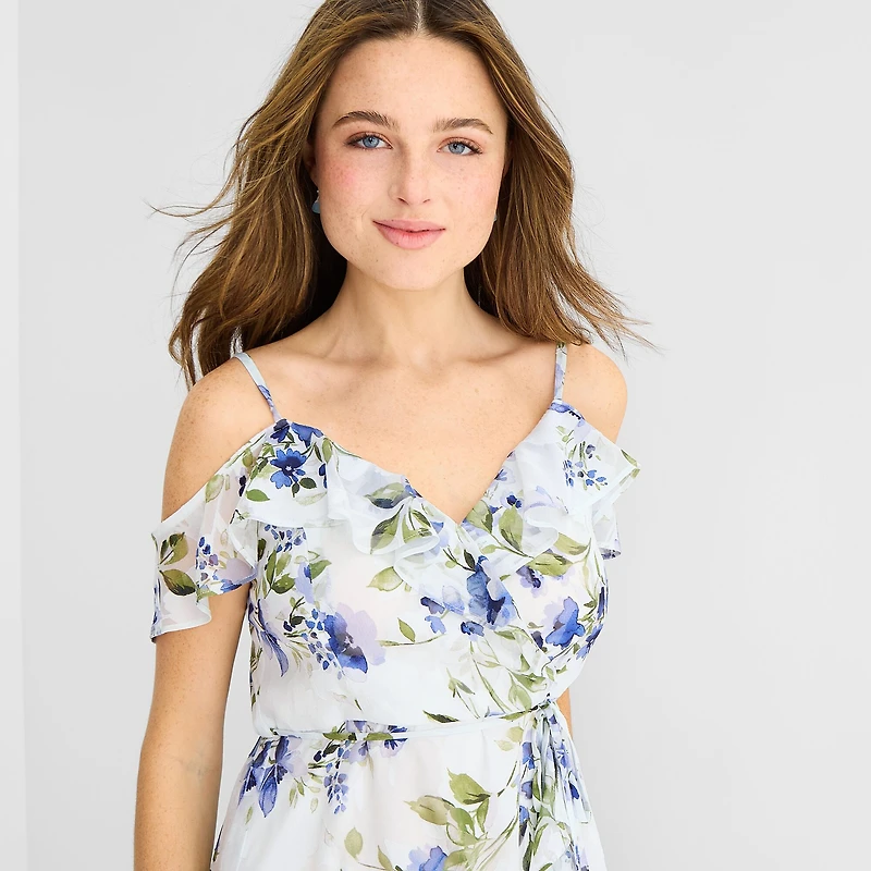 by&by Womens Juniors High-Low Sleeveless Off the Shoulder Floral Fit + Flare Dress