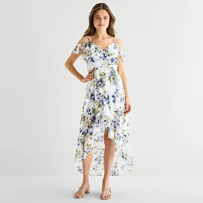 by&by Womens Juniors High-Low Sleeveless Off the Shoulder Floral Fit + Flare Dress