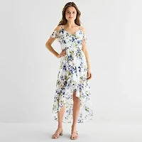 by&by Womens Juniors High-Low Sleeveless Off the Shoulder Floral Fit + Flare Dress
