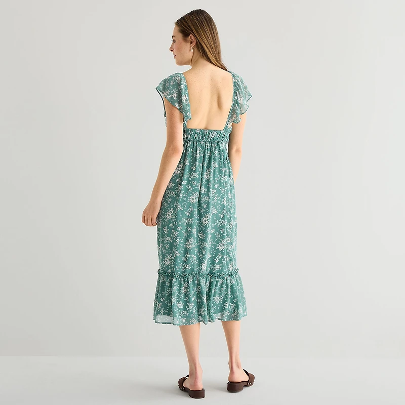 Emerald Sundae Womens Juniors Midi Y Neck Short Sleeve Flutter Maxi Dress