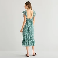 Emerald Sundae Womens Juniors Midi Y Neck Short Sleeve Flutter Maxi Dress