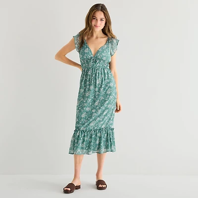 Emerald Sundae Womens Juniors Midi Y Neck Short Sleeve Flutter Maxi Dress