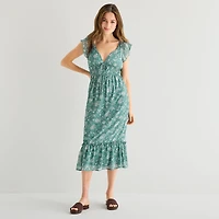 Emerald Sundae Womens Juniors Midi Y Neck Short Sleeve Flutter Maxi Dress