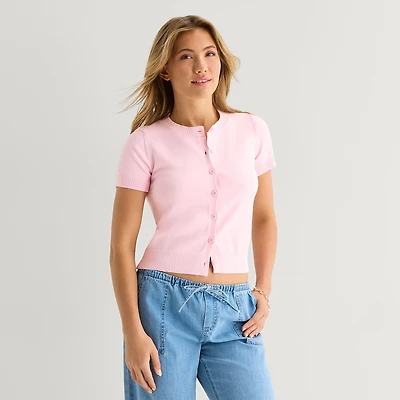 Forever 21 Womens Juniors Crew Neck Short Sleeve Button Cardigan