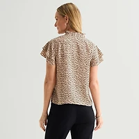 Liz Claiborne Womens Split Crew Neck Short Sleeve Blouse