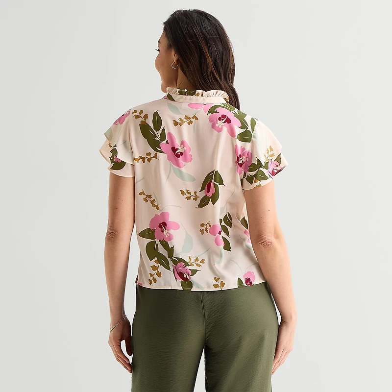 Liz Claiborne Womens Split Crew Neck Short Sleeve Blouse