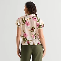 Liz Claiborne Womens Split Crew Neck Short Sleeve Blouse
