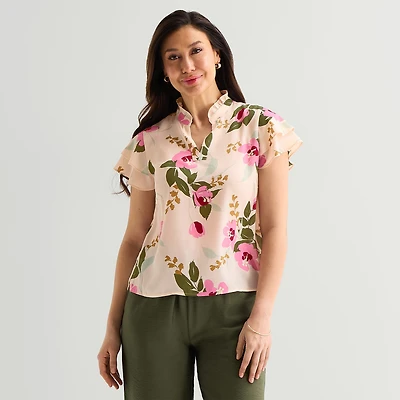Liz Claiborne Womens Split Crew Neck Short Sleeve Blouse