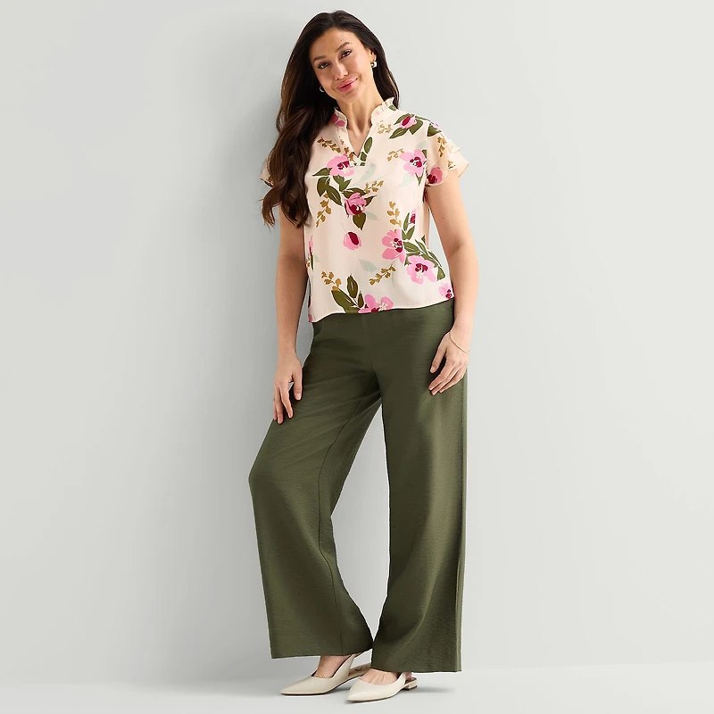 Liz Claiborne Womens Split Crew Neck Short Sleeve Blouse