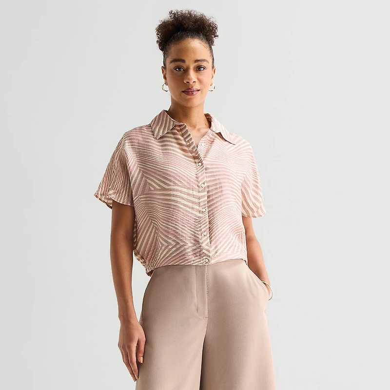 Worthington Womens Dolman Short Sleeve Regular Fit Button-Down Shirt
