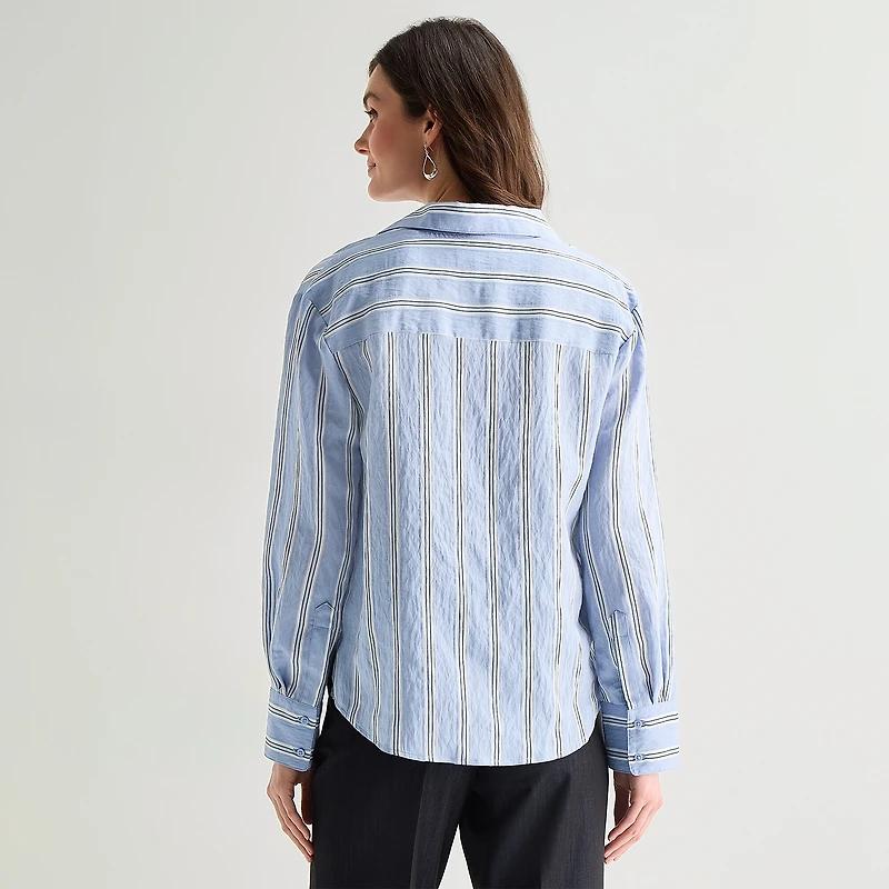 Worthington Womens Y Neck Long Sleeve Relaxed Fit Button-Down Shirt