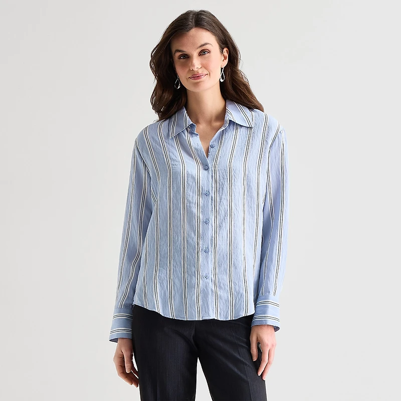 Worthington Womens Y Neck Long Sleeve Relaxed Fit Button-Down Shirt
