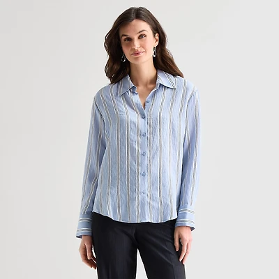 Worthington Womens Y Neck Long Sleeve Relaxed Fit Button-Down Shirt