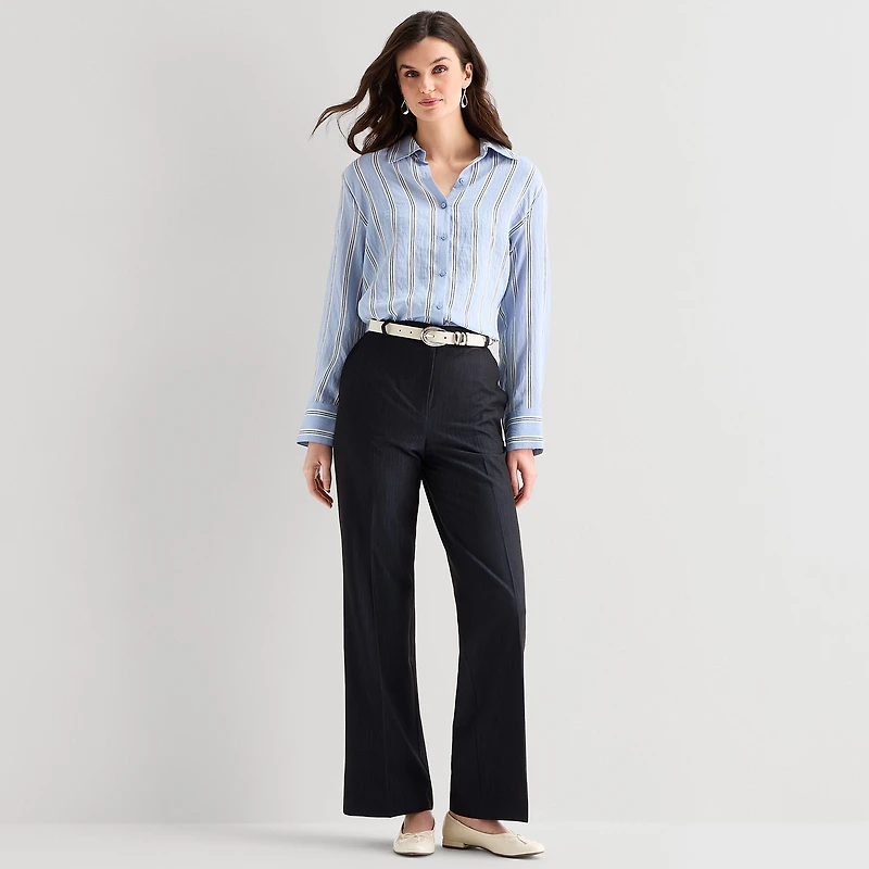 Worthington Womens Y Neck Long Sleeve Relaxed Fit Button-Down Shirt