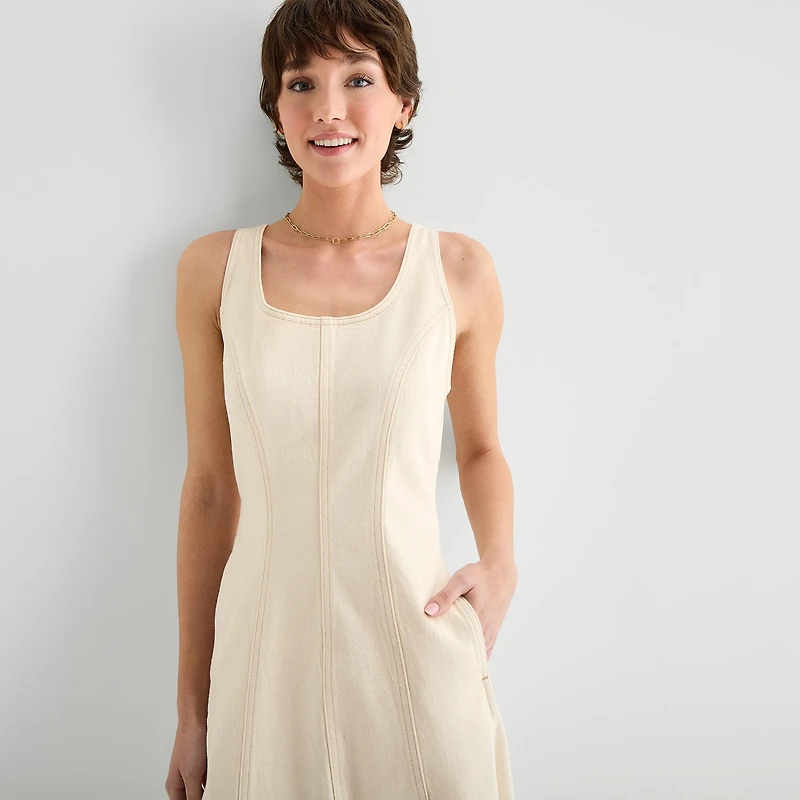 a.n.a Womens Midi Square Neck Sleeveless Fit + Flare Dress