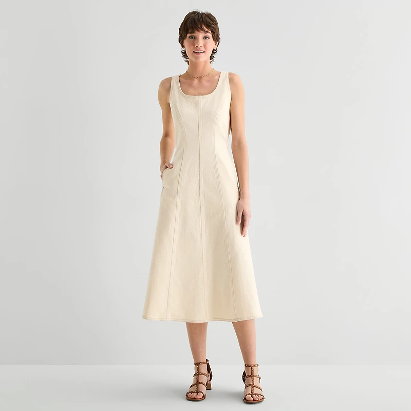 a.n.a Womens Midi Square Neck Sleeveless Fit + Flare Dress