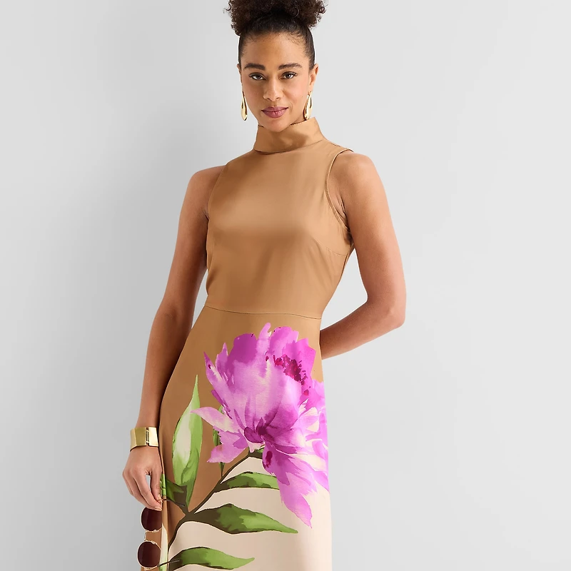 Worthington Womens High Neck Sleeveless Floral Fit + Flare Dress