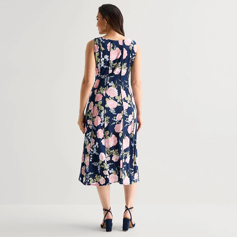 Perceptions Womens Midi Round Neck Sleeveless Floral Fit + Flare Dress
