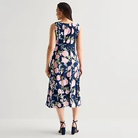 Perceptions Womens Midi Round Neck Sleeveless Floral Fit + Flare Dress