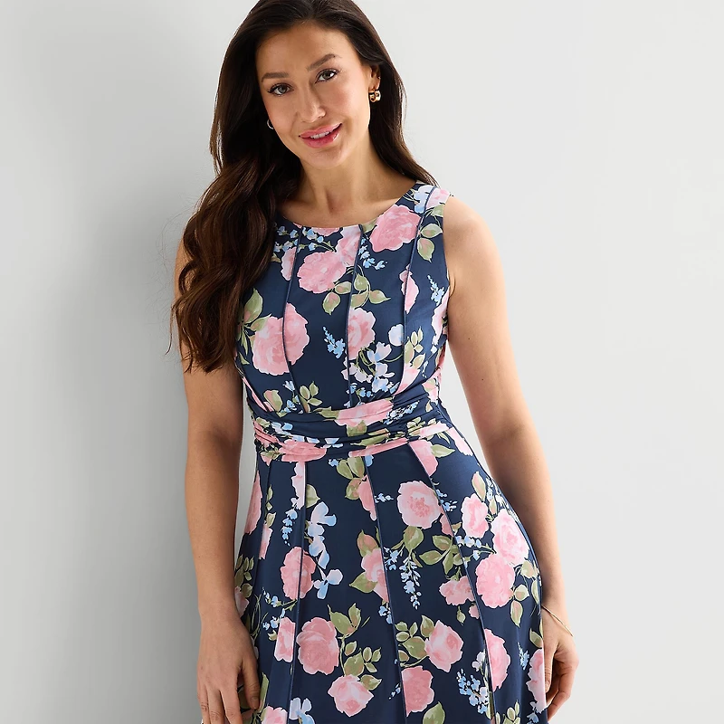 Perceptions Womens Midi Round Neck Sleeveless Floral Fit + Flare Dress